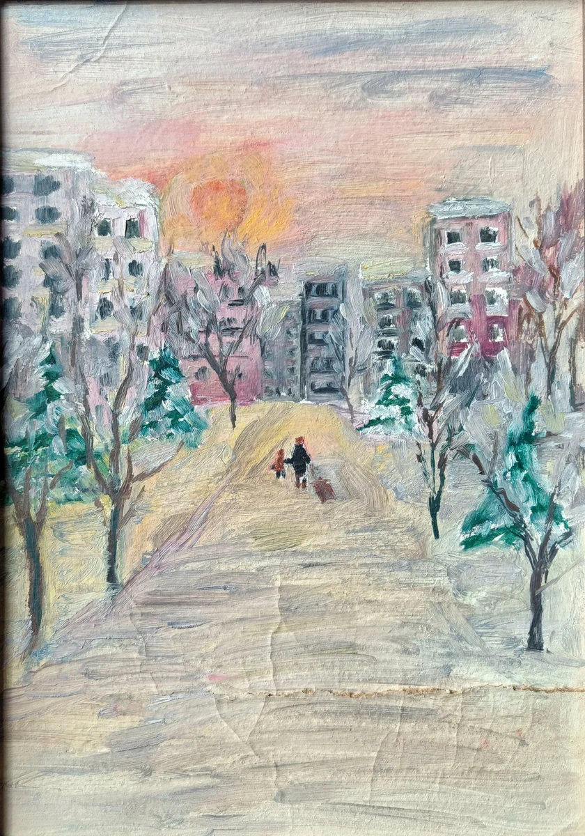 Зима, Городской пейзаж с ребёнком. Дужнова Жанна (1941–2002)